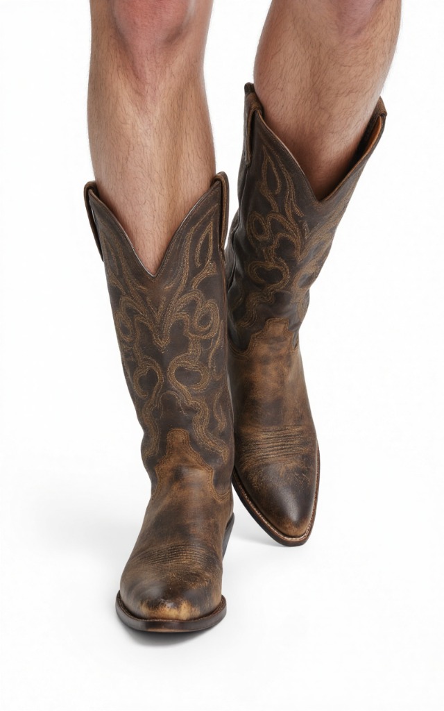 A male model wearing Cowboy boots with pointed toes, against a white background, with a close   up of the feet